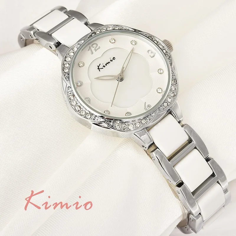 

KIMIO Plum Flower Dial Skeleton Willow Pointer Imitation Ceramic Resin Strap Diamond Rose Gold Watch Women Brand Quartz-watch
