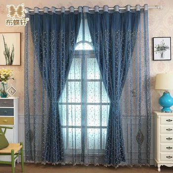 

Hot Sale Fresh and Pastoral Style Luxury Embroidery Embossed Yarn Blue Tulle Curtains for Living Room European