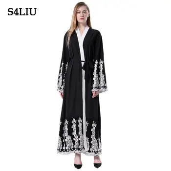 

Women Muslim Open Cardigan Islamic Maxi Dress Embroidery Robe Belt Elegant Lot