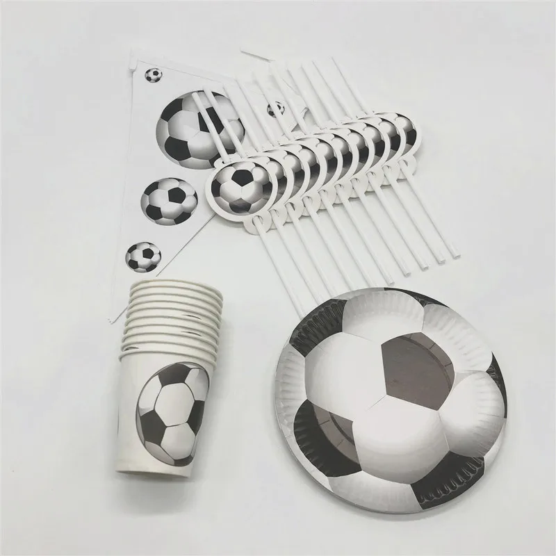 

White Football Theme Design 40Pcs/set Disposable Paper Cup+Plate+Straw+Flag Wedding Christmas Cartoon Banner Decoration Supply