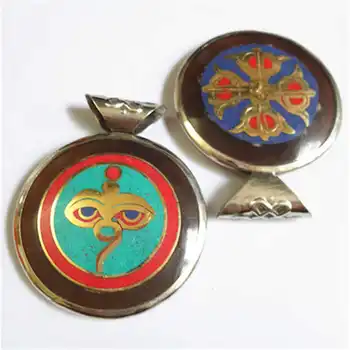 

TBP119 Tibetan Yak Horn Inlaid Golden Buddha Eye Amulets Pendants double sides Cross Dorje Amulet