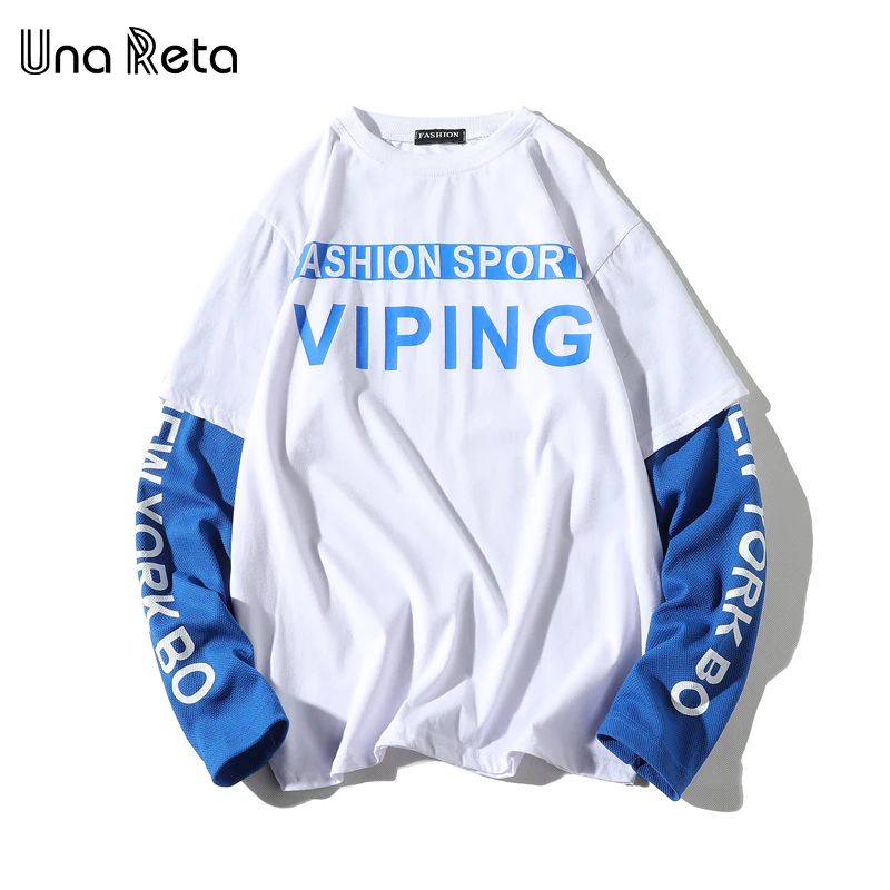 Una Reta T-Shirt Men Spring New Brand Hip-Hop Letter Splicing Tee Top Fake Two Pieces Long Sleeve Streetwear Men T Shirt