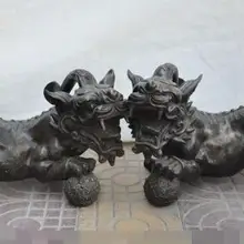 S00055 2" Китайский Фэншуй Бронзовый Дворец Королевский Статуэтка единорога цилинь pixiu зверь Бал Статуя Пара