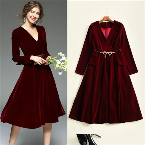 

2017 women's brand dresses for women vintage audrey hepburn dresses long sleeves v-neck wrap flare velvet dress with belt black