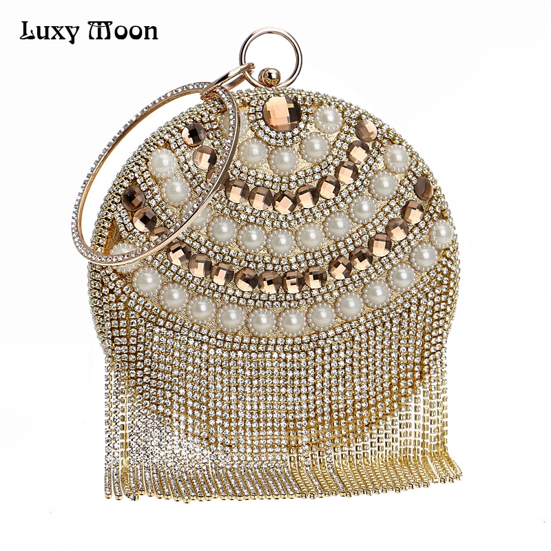 Luxy Moon Women Diamond Wedding bride Bags Gold Clutch Beaded Tassel Evening Bags Party Purse