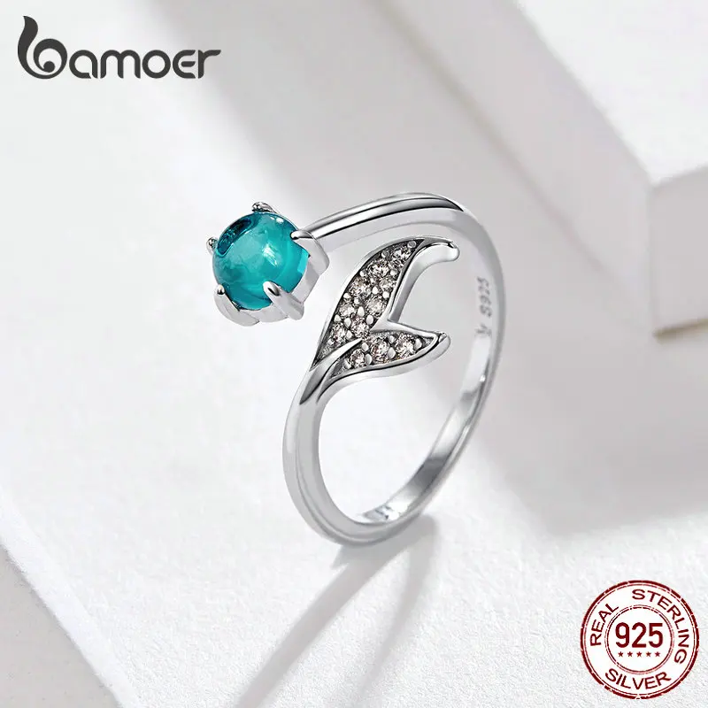BAMOER, кольцо для дня рождения, с цветами, Русалка, с голубым камнем, штабелируемое кольцо-пузырь, 925 пробы, серебряные ювелирные изделия для женщин SCR515