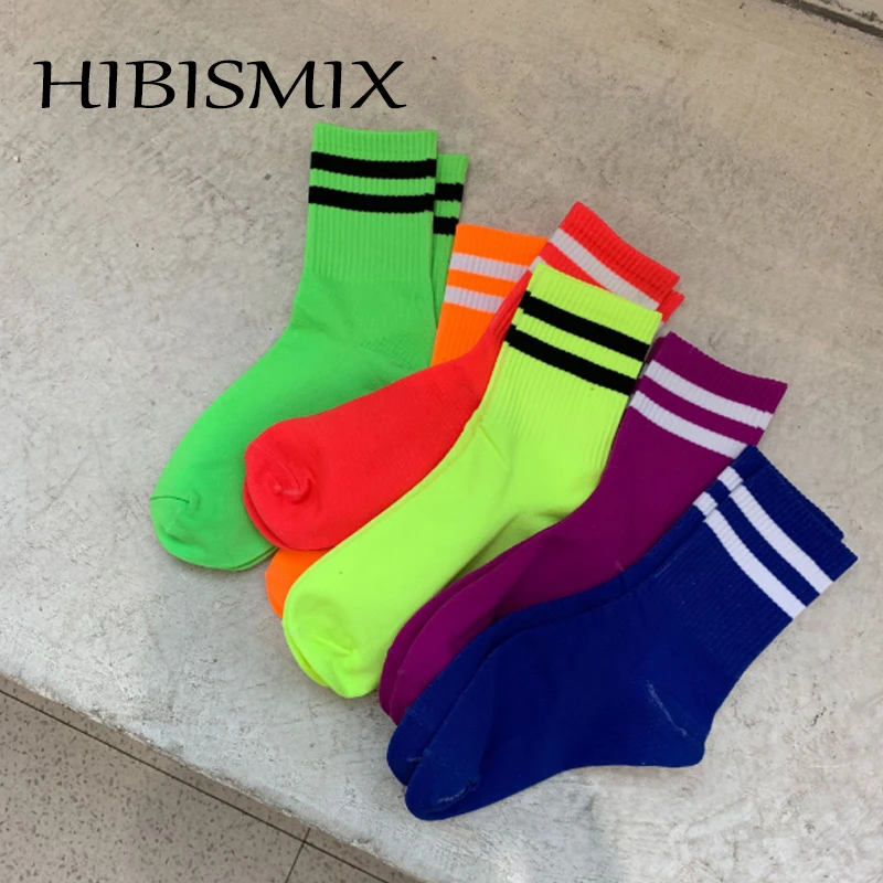 

HIBISMIX Spring Striped Fluorescence Colors Ankle Socks for Women Casual Cotton Short Socks S0090