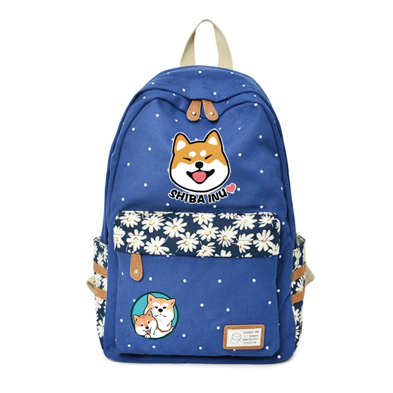 

New Shiba Inu Kawaii Doge Emoji Printing Women Girls Backpack School Bags Flowers Wave Point Canvas Bag Travel Shoulder Bags