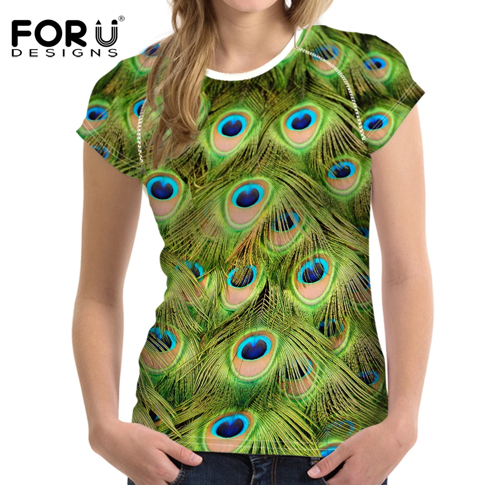 

FORUDESIGNS Women T-shirt Summer O-Neck Short-Sleeve Peacock Printed Floral Tops Tees Teens Girls T Shirts Fashion Polyester Hot