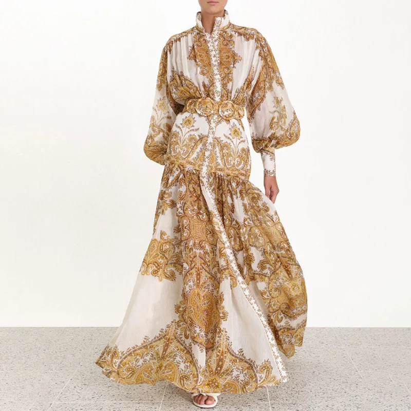 

Australia 2019 new fashion court style yellow printed stand collar bubble long sleeve high waist long dress