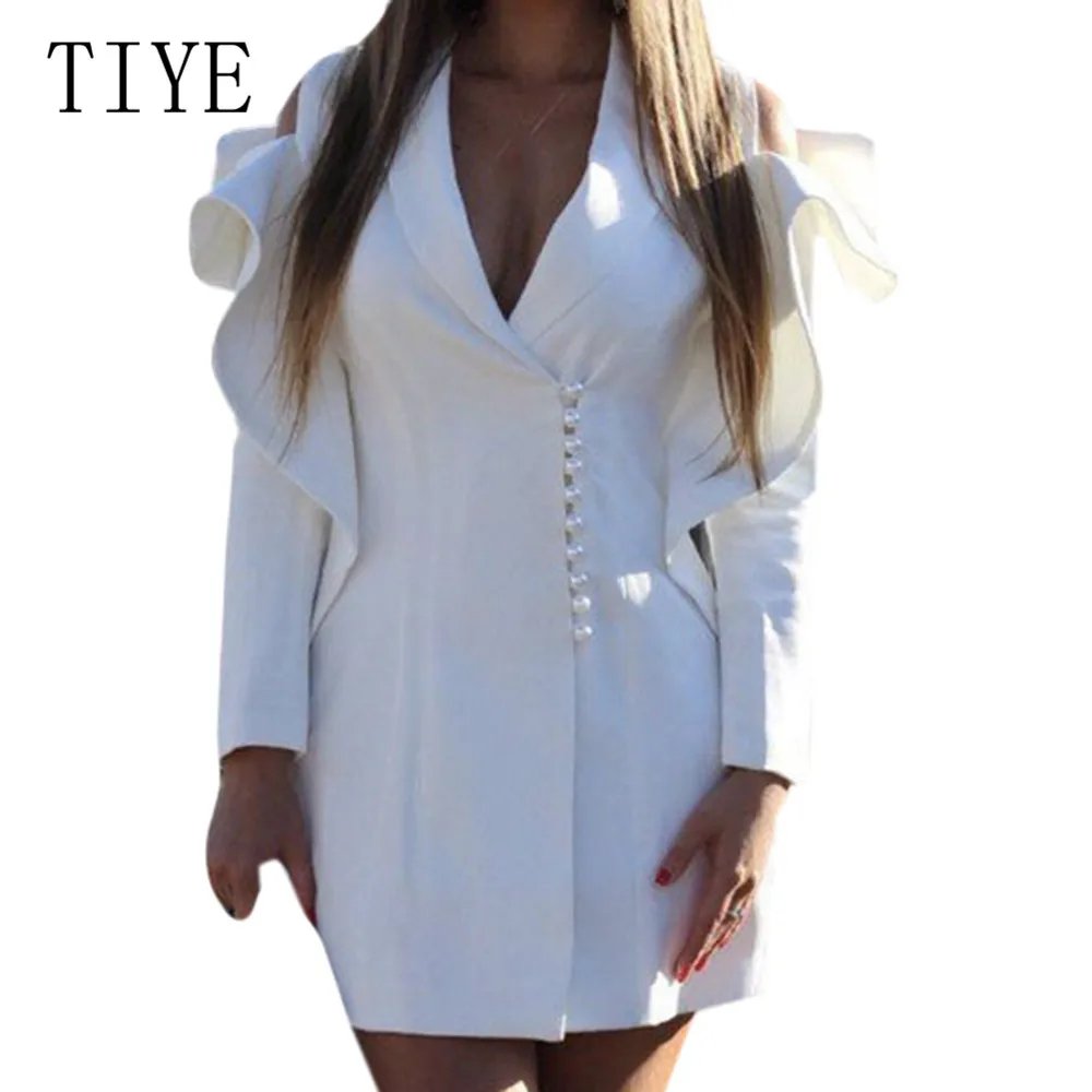 

TIYE Elegant Long Sleeve Ruffles Bodycon Dress Sexy V-neck Straight Short Dress Femme Casual Office Work Dress Robe Longue