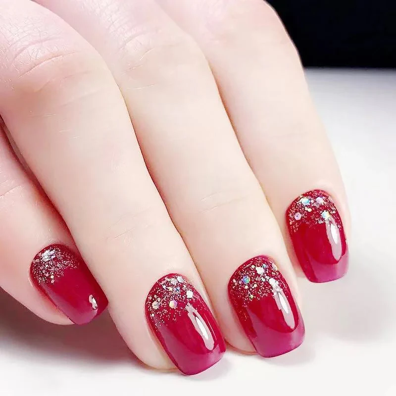 24pcs/set Bride Wedding Party Nail Decoration Women Fashion Glitter Patch Art Tools Red Color Short Size Fake Nails | Красота и