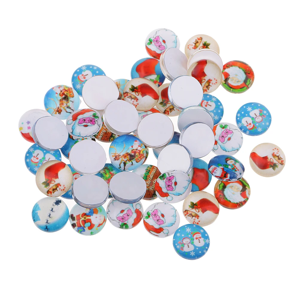 50x Christmas Theme Half Round Flat Back Glass Cabochons 10mm Jewelry Making
