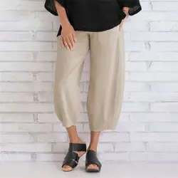 Новые женские брюки из хлопка 2019 летние модные повседневные однотонные брюки эластичная лента элегантные свободные широкие брюки # Jun10
