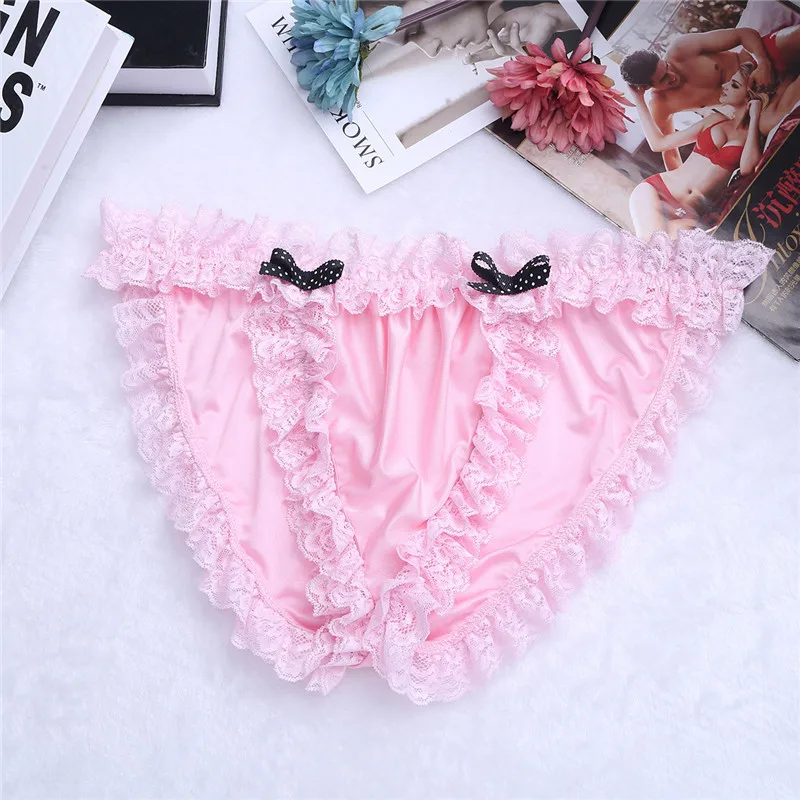 FREEBILY Elegant Men Lingerie Sissy Maid Floral Lace Soft Bikini Briefs Sexy Male Underwear Cute Gay Underwear Homme Underpants