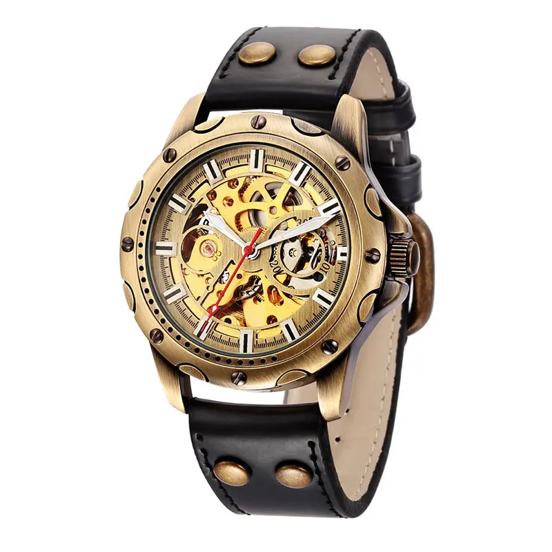 Мужские часы Скелет автоматические механические Ретро бронзовые мужские часы лучший бренд Роскошные спортивные военные наручные часы новые relogio Masculino - Цвет: black