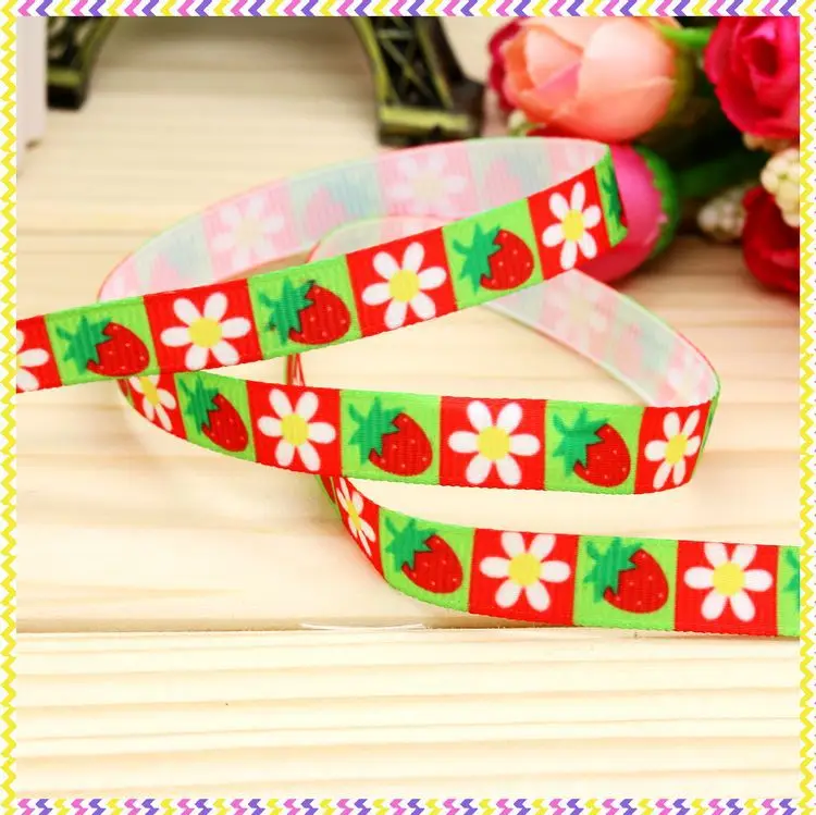 New 3/8'' Free Shipping Strawberry Printed Grosgrain Ribbon Hair Bow Headwear Party Decoration
