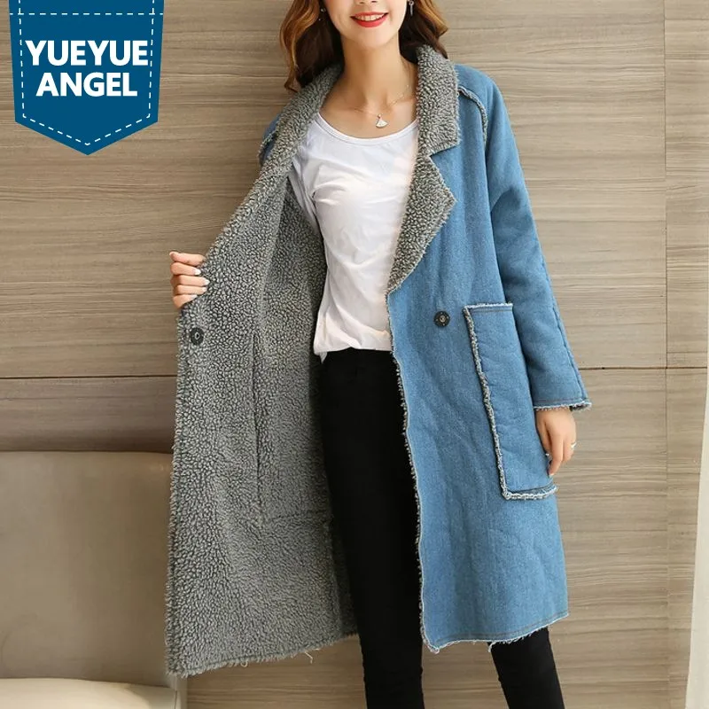 

Winter New Fashion Warm Coats Female Jean Denim Vintage Big Pockets Women Slim Fit Thick Outwear Casual Long Overcoat Plus Size