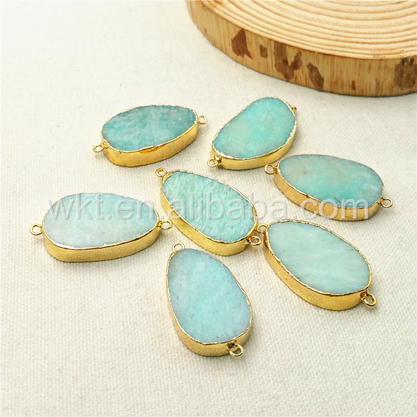 

WT-C155 Wholesale Cabochon oval Amazonite stone double loops connector pendant 24k gold color cabochon stone pendant