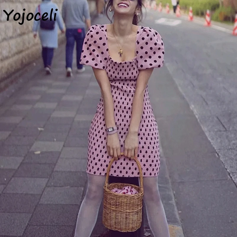 

Yojoceli streetwear big dot print dress women square neck puff sleeve bow mini dress 2019 summer
