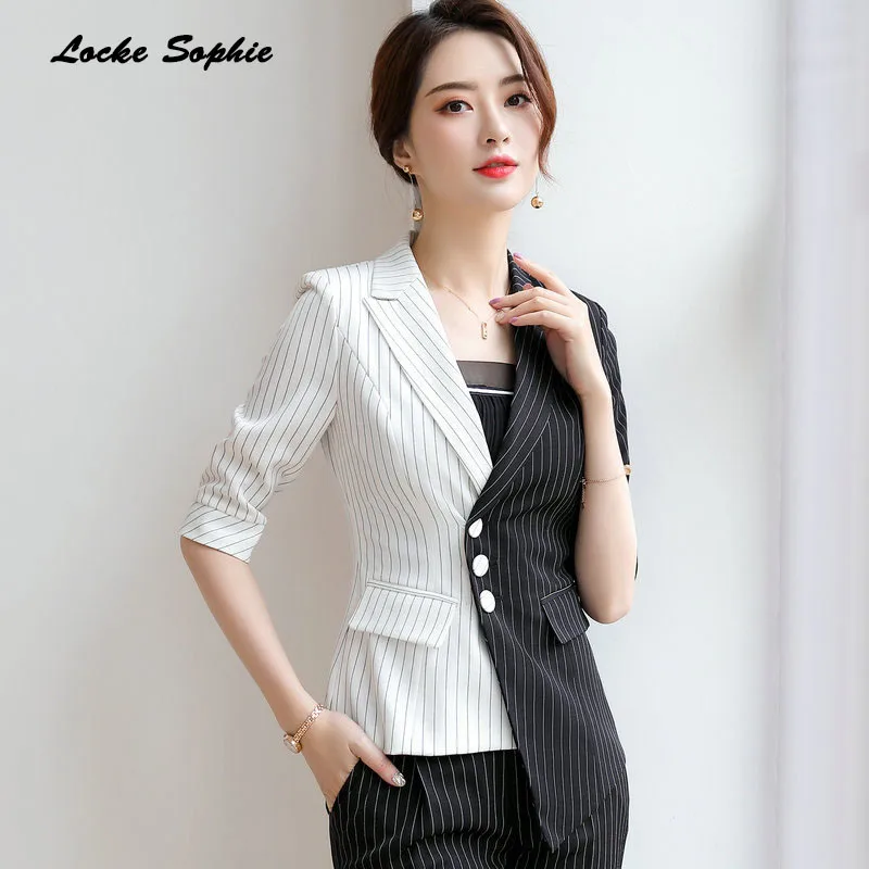 1pcs Women's Blazers coats 2019 Summer cotton Splicing irregular stripe Small Suits jackets ladies Skinny Blazers Suits coats