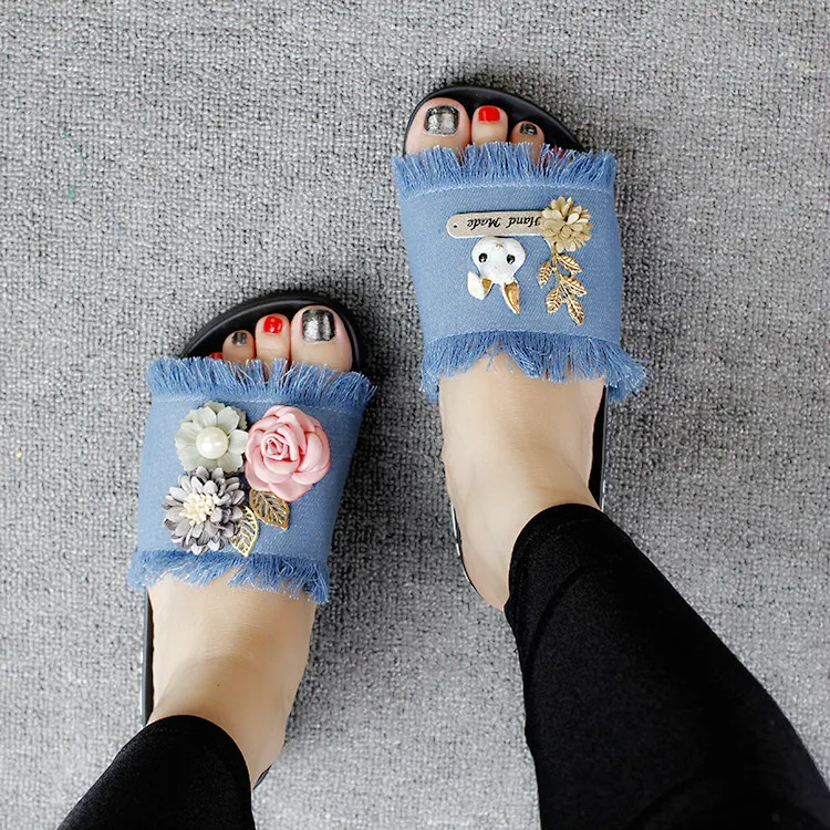 New Bunny Fabrics Soft Bottom Flowers Fringed Flat With Women Open Toe Platform Shoes Casual Slippers For Ladies Cheap52