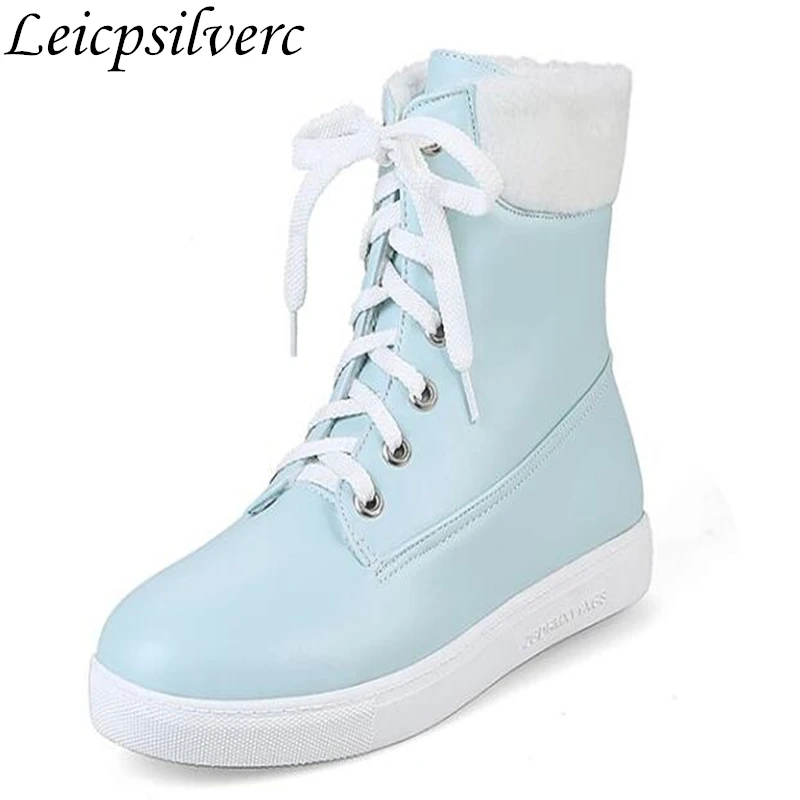 

Student hairy flat bottom short boots women winter thickening Martin boots light blue round head tie PU flat heel boots