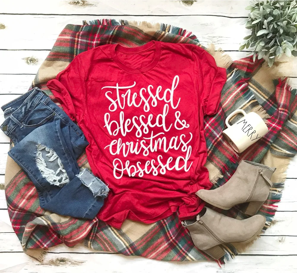 

Stressed Blessed and Christmas Obsessed T-Shirt Womans Christmas Shirt Holiday gift pretty aesthetic Christian tee quote art top
