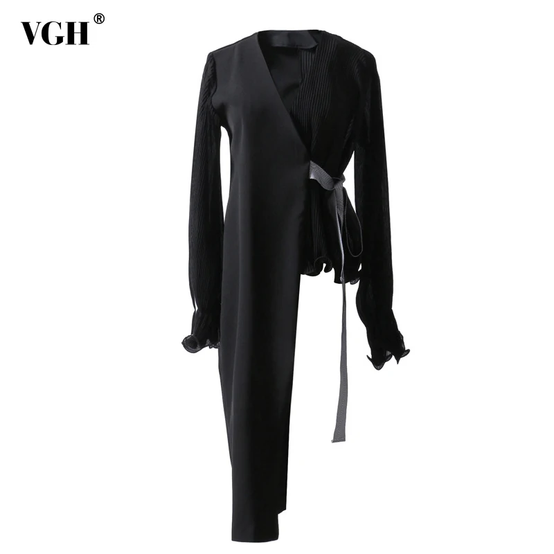 

VGH Asymmetrical Women's Blazer Female Coats Chiffon Patchwork V Neck Lantern Sleeve Lace Up High Waist Coat Women 2019 Spring