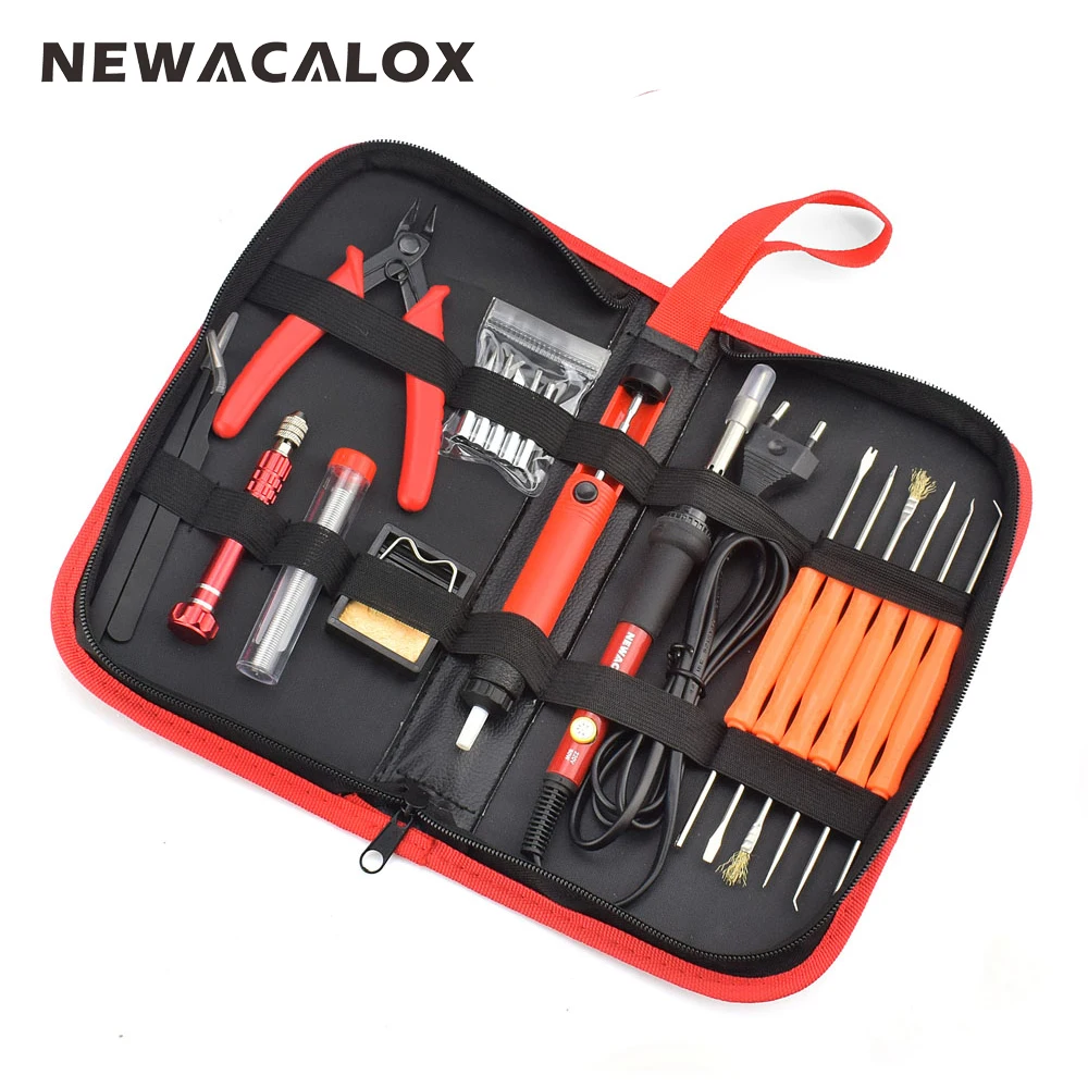 comprar UE 220 v 60 NEWACALOX w Termorregulador Elétrica Bomba Desoldering Ferro de Solda Kit Chave De Fenda Ponta Alicate De Arame de Soldagem Ferramentas Saco
