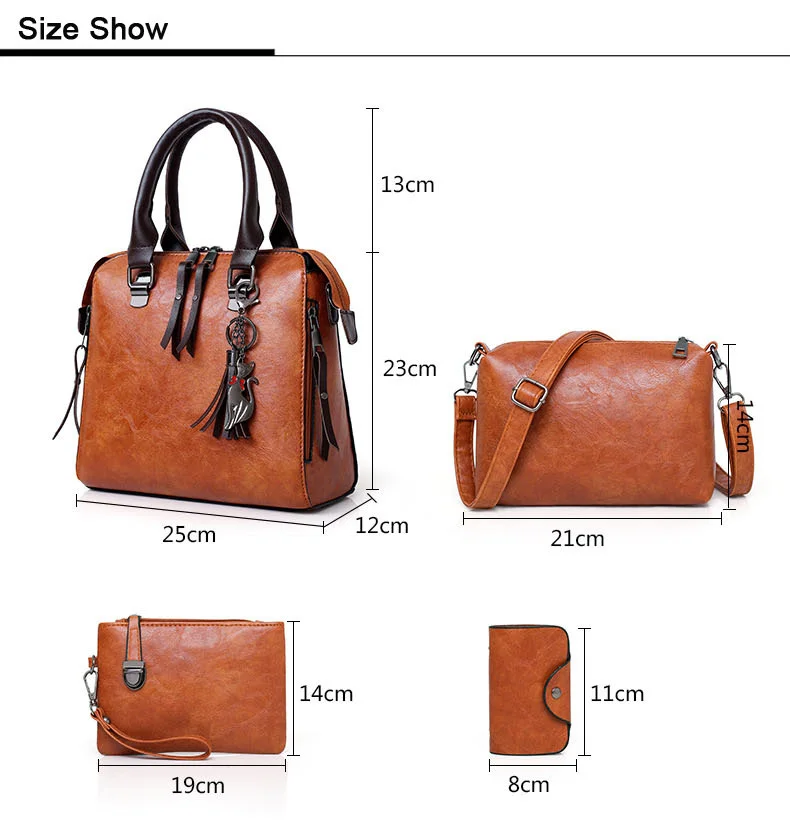 4pcs sets Fashion Vintage Handbag for Women Medium High Quality Oil Leather Shoulder Crossbody Bag Brown Black Female Tote Purse