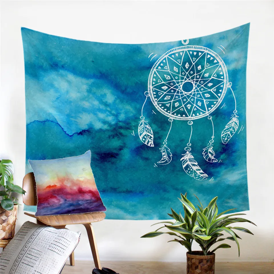 

Watercolor Dreamcatcher Tapestry Blue Wall Hanging Chinese Style Wall Art Carpet Mandala Boho Tapestry Home Decor