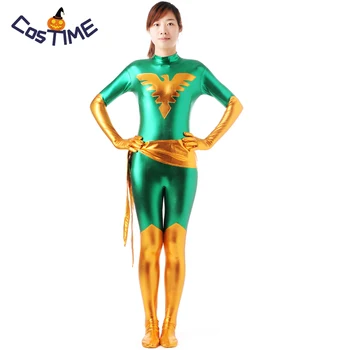 

X Men Costume Marvel Girl Costume Superhero Cosplay Green Phoenix Zentai Shiny Metallic Bodysuit Halloween Costumes For Women