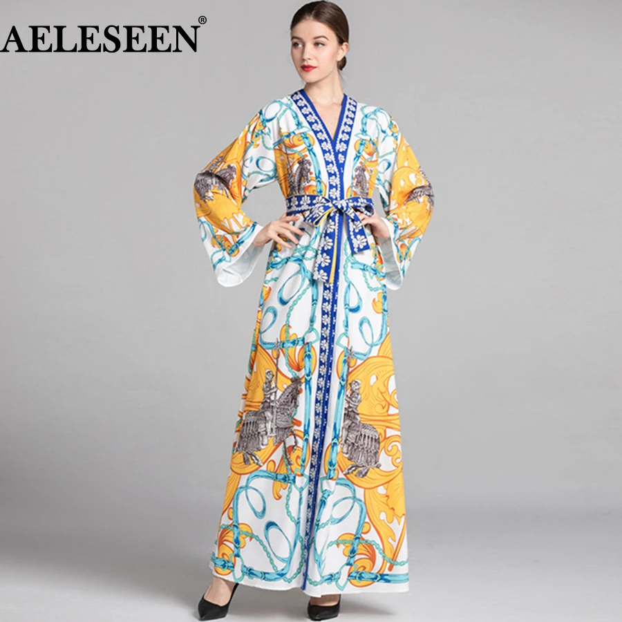 

AELESEEN New Designer Dresses Women Autumn 2019 Runway Full Sleeve Belt Vintage Printed Split XXXL Elegant Maxi Loose Long Dress