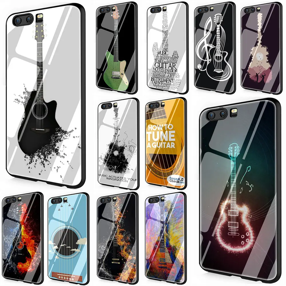 

Guitar Music Black Soft Shell Tempered Glass Phone Cover Case For Huawei Mate P 10 20 30 Lite Pro Y9 Honor 8X 7A
