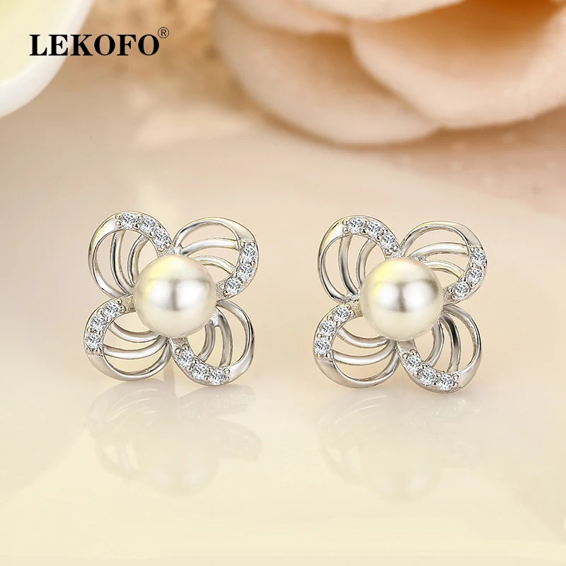 

LEKOFO Fashion Natural Freshwater Pearl Earrings For Women Flower design Crystal Jewelry 925 Sterling Silver Earrings
