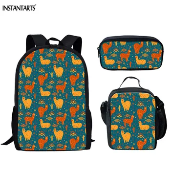 

INSTANTARTS Cute Alpaca Prints School Backpack for Teenager Girls Casual Big Student Bookbags Pencil Bag Set Rucksack Mochila