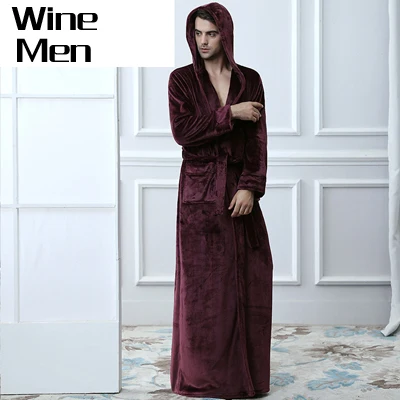 Термо-Халат с капюшоном для влюбленных, удлиненный фланелевый Халат для женщин и мужчин, плотное теплое зимнее кимоно, банный халат, халаты для подружек невесты, Халат - Цвет: Wine men