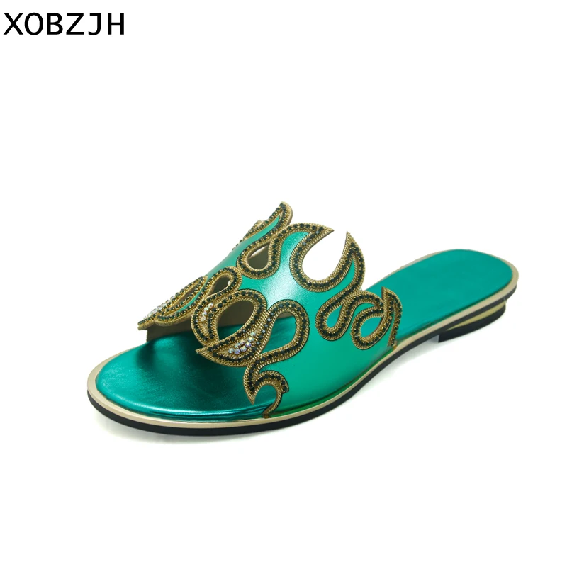 

XOBZJH Sandals Women 2018 Summer Rhinestone Luxury Ladies Flat Sandals Open Toe Green Shoes Women Designers Plus Size Us 11