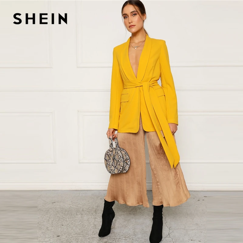 SHEIN Однотонный Блейзер С Поясом Жакет Длинным Рукавом Яркий В Стиле
