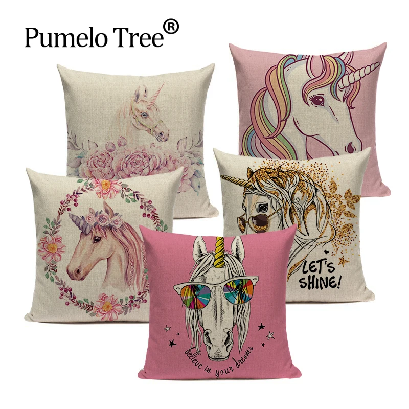 

Unicorn Cushion Cover Cartoon Animal Pillowcase Cute Pink Cushions Covers For Sofa Custom High Quality Flower Pillow Cushions