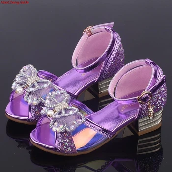 

Girls Sandals High Heel Pearl Crystal Bling Bowknot PU Leather Children Sandals Princess Party Shoes Summer Kids Shoes