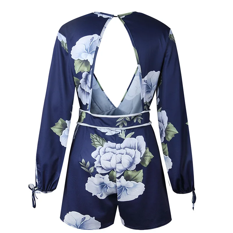 Combishort Long sleeve Rompers Summer Women Jumpsuit Floral Printing V neck backless Sexy Bodysuit macacao Femme Ete wz*