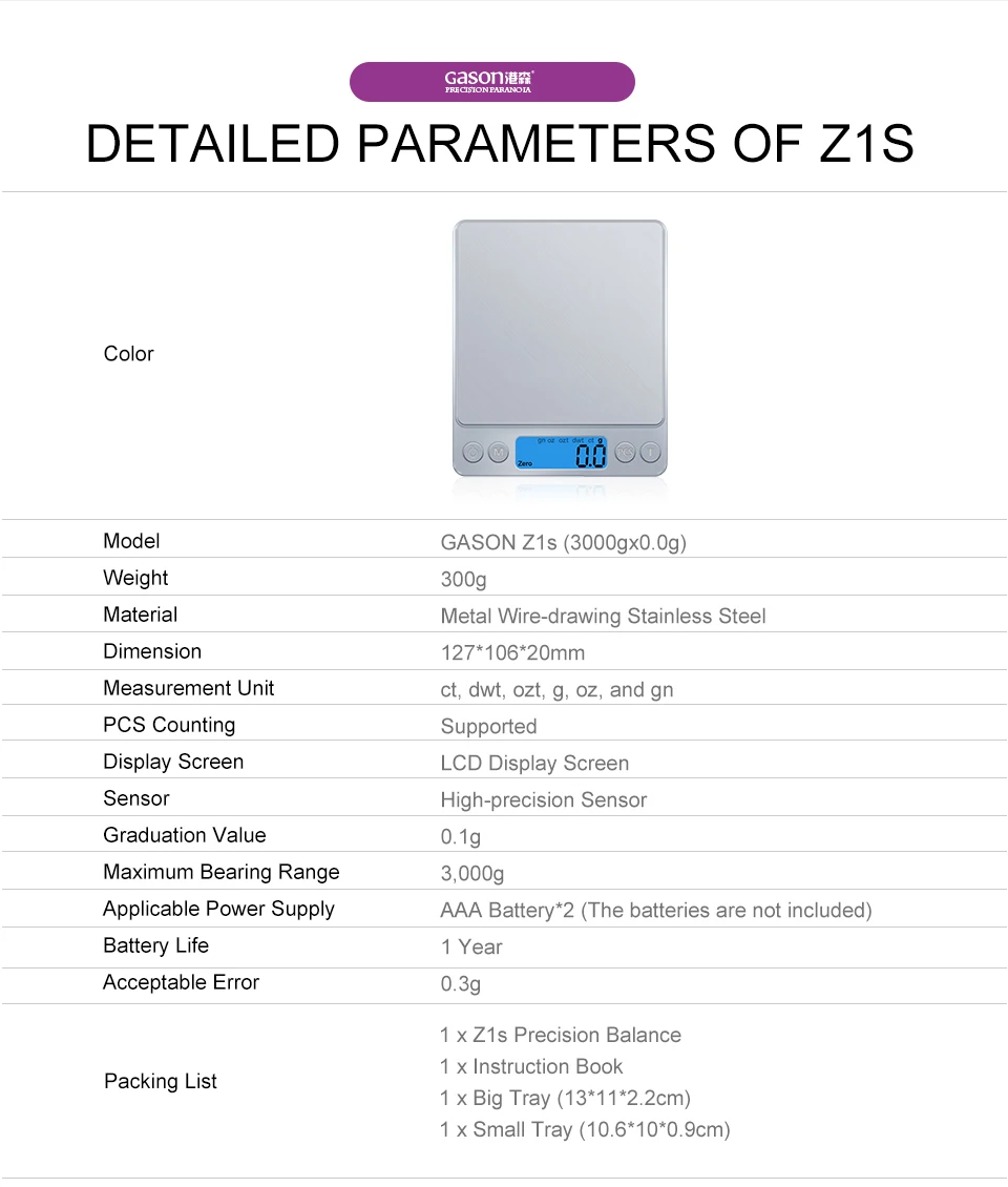 GASON Z1s цифровые кухонные весы мини карманные из нержавеющей стали точные ювелирные изделия электронные весы вес золота грамм(3000 г x 0,1 г
