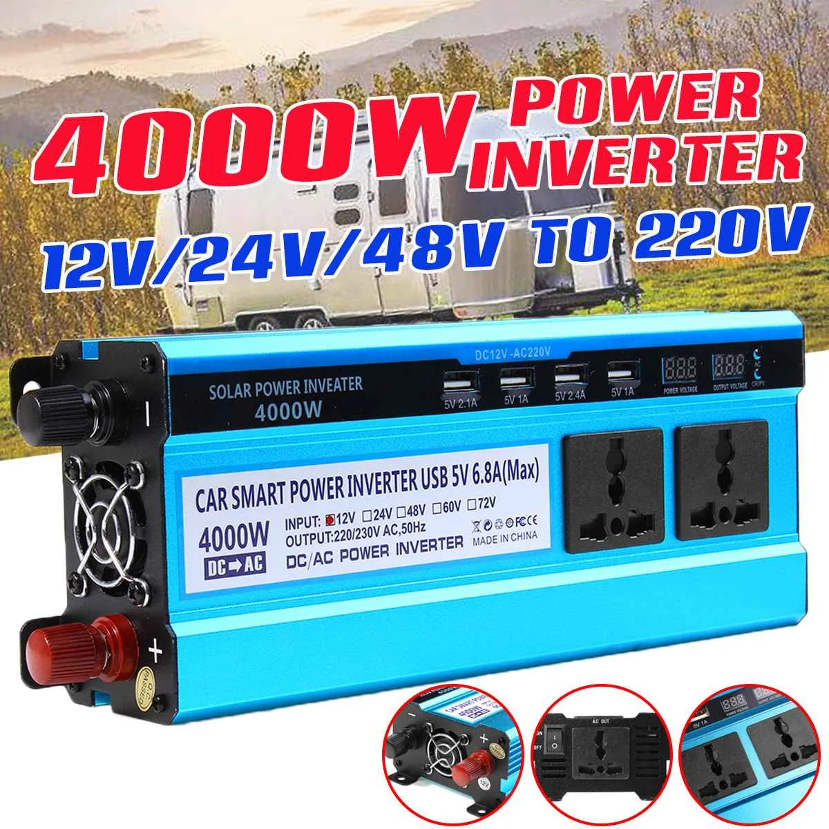 

4000W Inverter 12V/24V/48V to 220V Voltage Converter Transformer Double LED Display 4 USB Solar Power Inverter