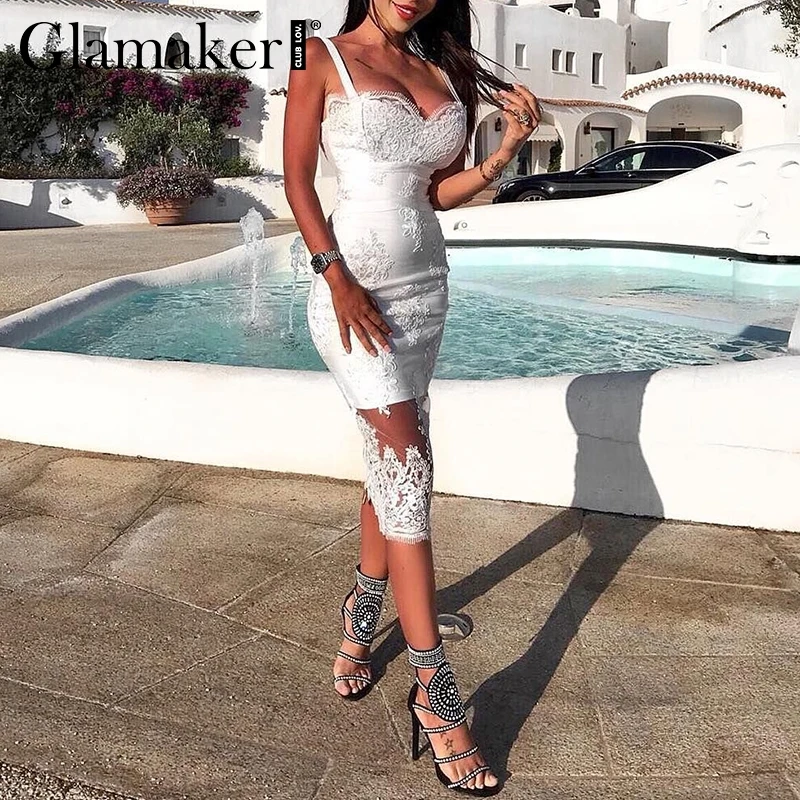 Glamaker Emboridery, прозрачный сетчатый сексуальный сарафан, женское Белое Облегающее Платье с высокой талией, элегантное женское летнее платье для вечеринки