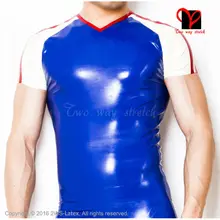 Синяя Сексуальная латексная рубашка V воротник резиновая нижняя рубашка Топ резиновые футболки одежда пальто облегающий костюм женщины-Кошки Футболка XXXL плюс SY-030