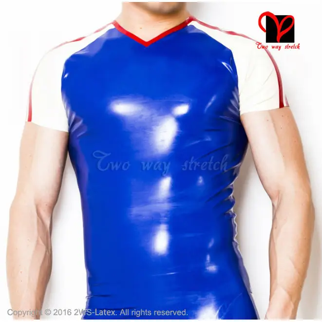 Blue Sexy Latex shirt V collar Fetish Bondage Rubber undershirt Top rubber Tee shirt clothes coat catsuit clothing T shirt XXXL Blue Sexy Latex shirt V collar Fetish Bondage Rubber undershirt Top rubber Tee shirt clothes coat catsuit clothing T shirt XXXL