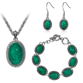 

SHUANGR Vintage Style Jewelry Sets Natural Stone Pendant Necklace Dangle Earrings Bracelet For Women Wedding Party Jewelry