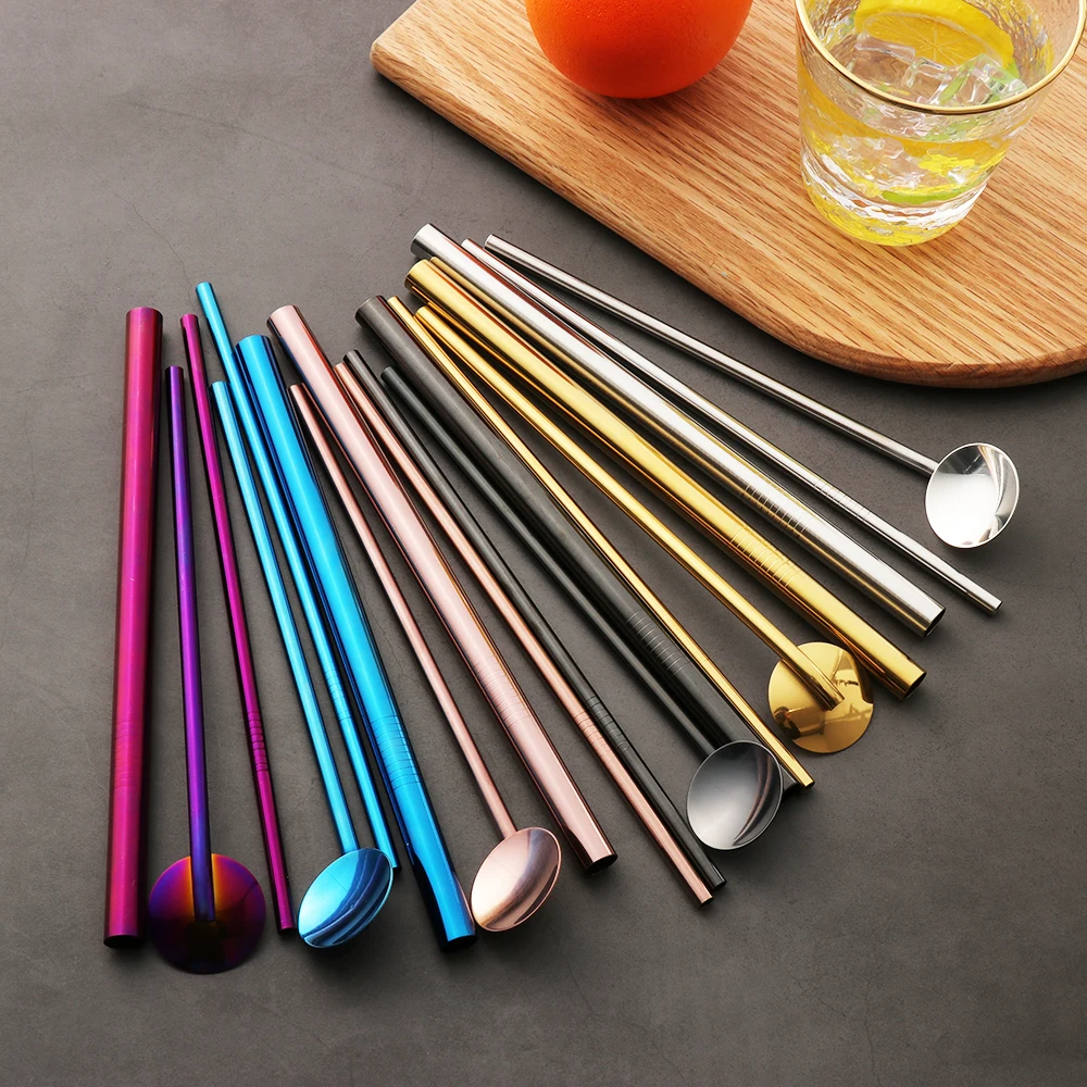 

4Pcs/set Reusable Stainless Steel Drinking Straws with Cleaner Brush Metal Straw Spoons with Filter for Coffee Tea Teaspoon